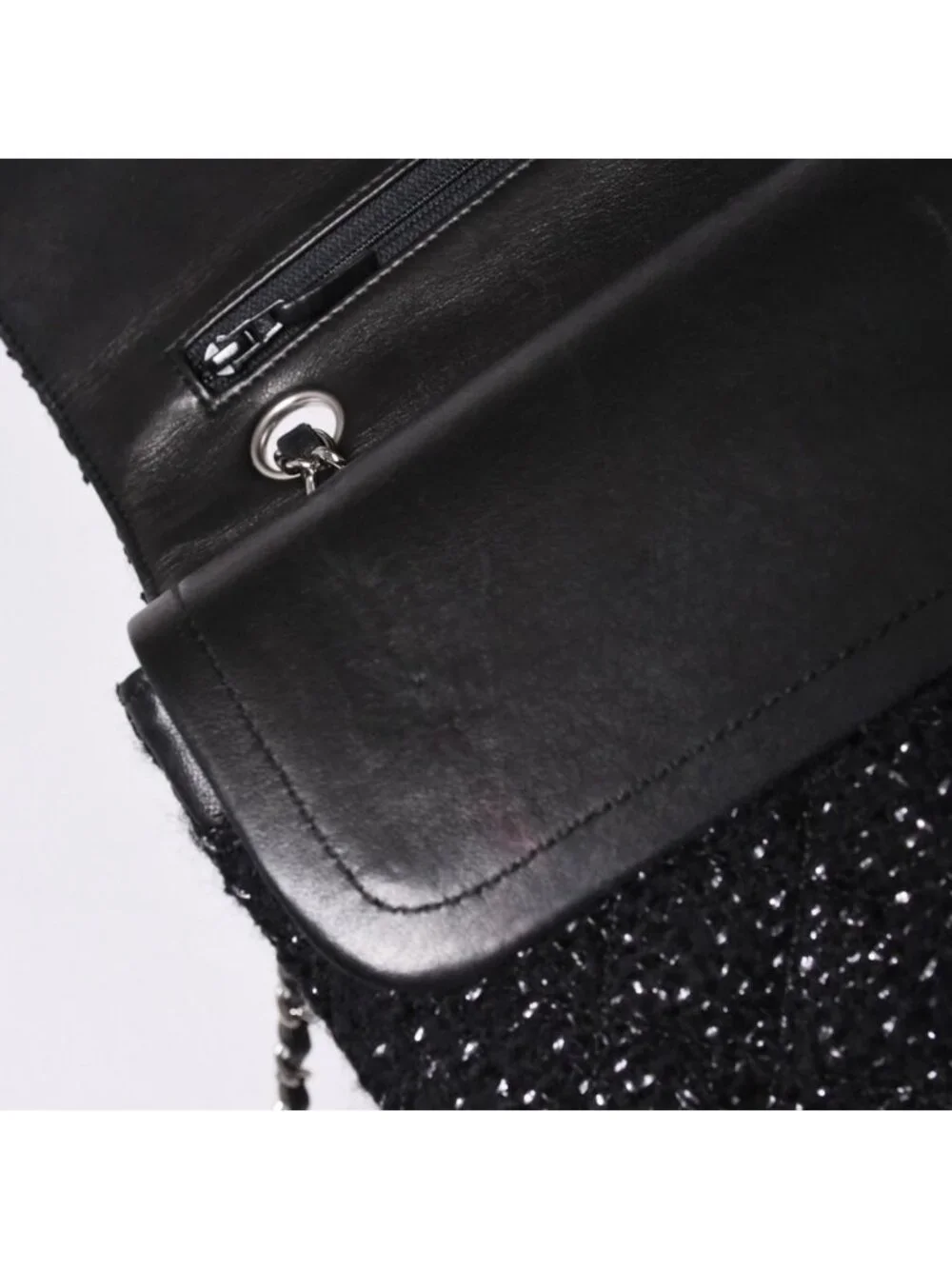 Chanel Quilted 25 Double Flap Chain Shoulder Bag CC Logo Tweed Leather Black